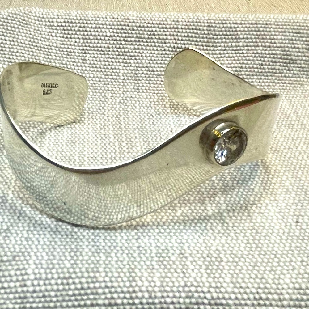 MEXICO 925 Sterling Silver - Vintage Cubic Zirconia Cuff Bracelet | 7.5-8”